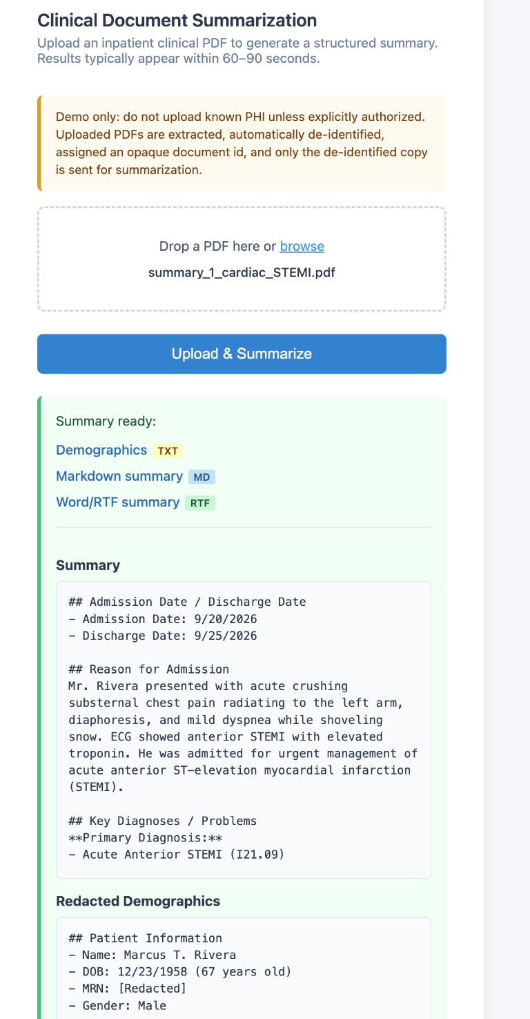 Clinical Document Summarization demo screenshot
